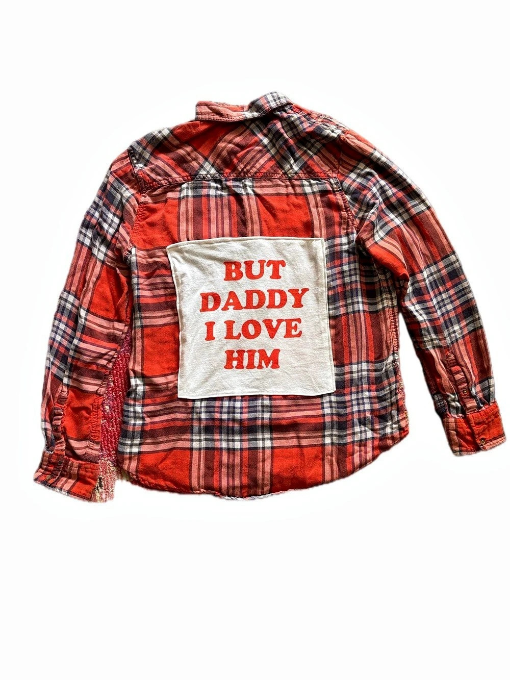 Upcycled Little Mermaid Quote Patch on Plaid Button Down Shirt in Orange & Black